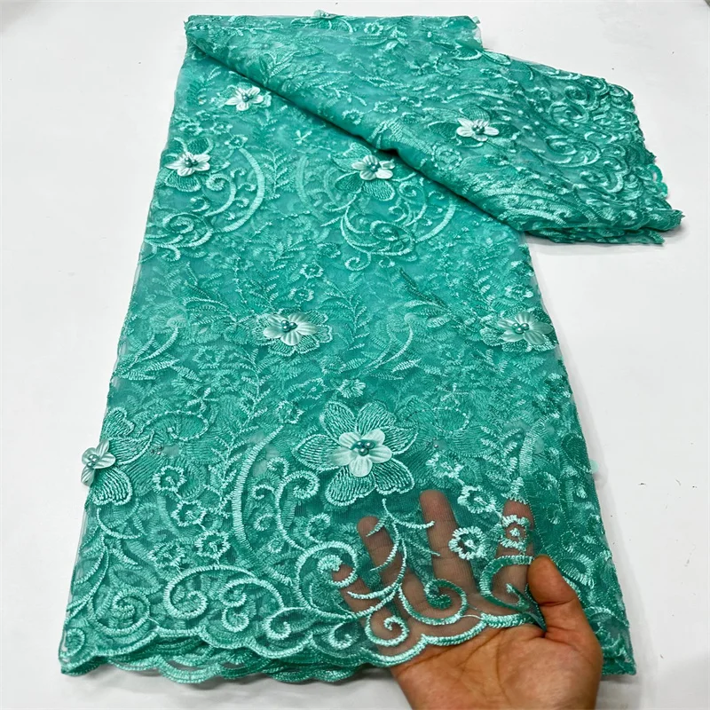 2024 Luxury African 3d Lace Fabric High Quality Green French Net Beads Fabric Sew Embroider Mesh Tulle Lace Nigerian Dresses