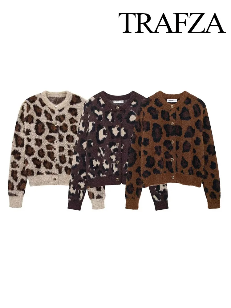 TRAFZA Spring Women Fashion Trend Knitted Cardigan Single Breasted Sweaters Coat Female Chic Women's Animal Print Sweater Mujer