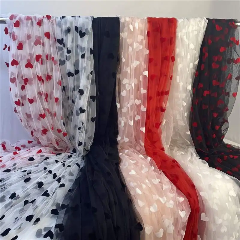 0.5y Black Red Flocking Heart Voile Net Fabric See Through Drape Fabric Tulle Mesh Craft Material For Curtains