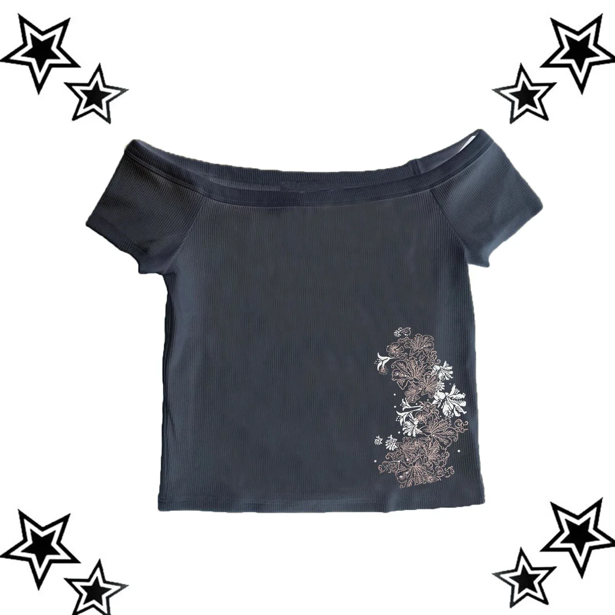 Y2k Slim Fit bedrucktes Top Damen schulterfreies Kurzarm-T-Shirt Neploe American Retro One Shoulder High Street T-Shirt
