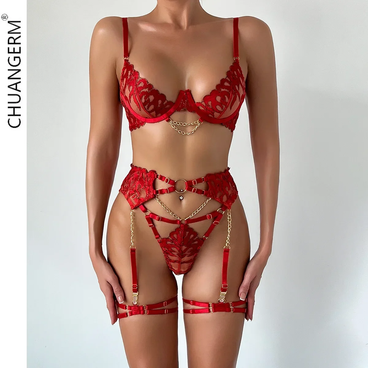 CHAUNGERM Red Hot Sexy Lingerie Push Up Fantasy Underwear Brazilian Intimate Sets Transparent Lace Luxury Obsessive Fine Outfits