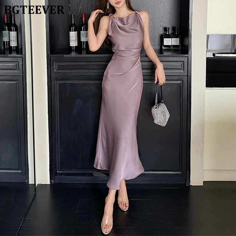 BGTEEVER Summer Fashion Women Satin Package Hip Dress Elegant Slim Waist Ladies Sleeveless Bodycon Mermaid Dress Vestidos