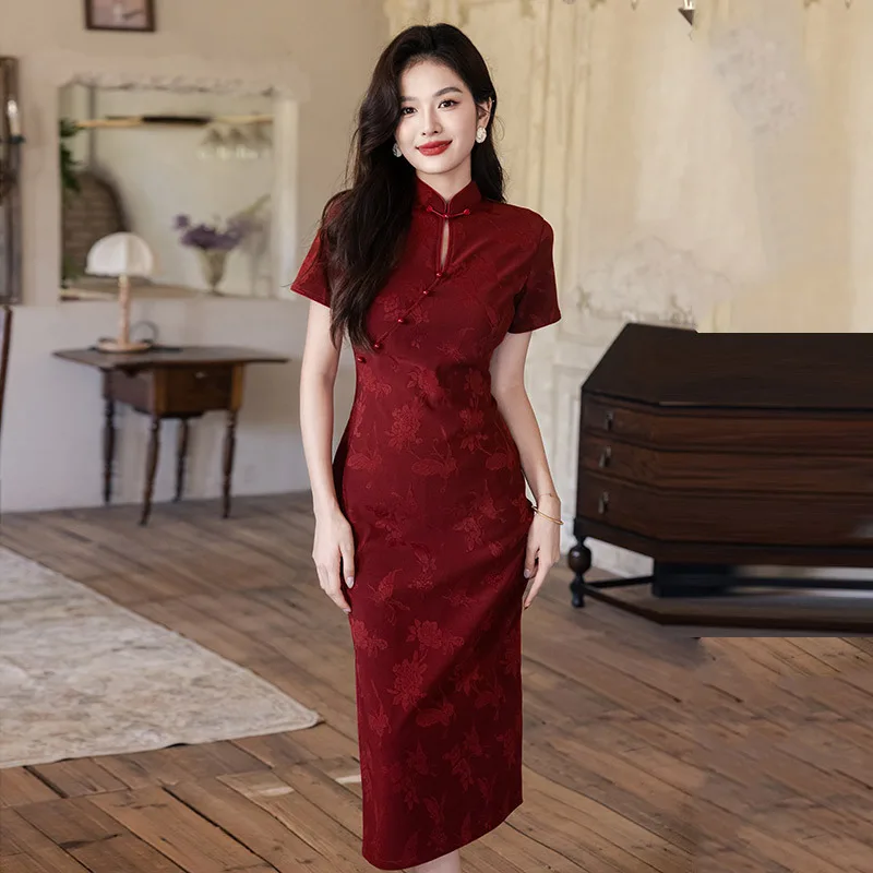 

Red Modified Cheongsam Toast Dress 2025 New Style Ancient French High end Chinese Retro Engagement French Dress
