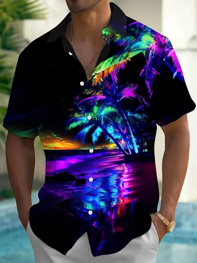 Men's short sleeved shirt neon colorful coconut tree beach night view full print top for vacation party versatile Hawaiian shirt
