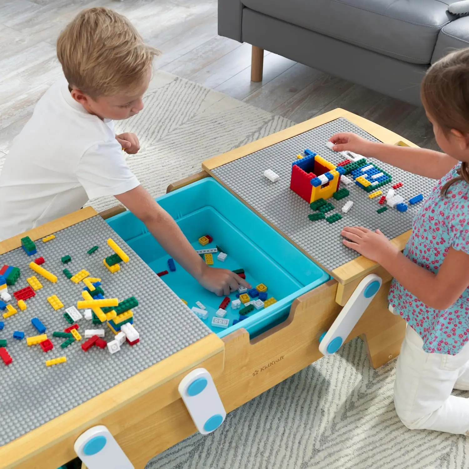 Building Bricks Play N Store Wooden Table, Children's Toy Storage with Bins, 200+ Building Blocks Included, Natural