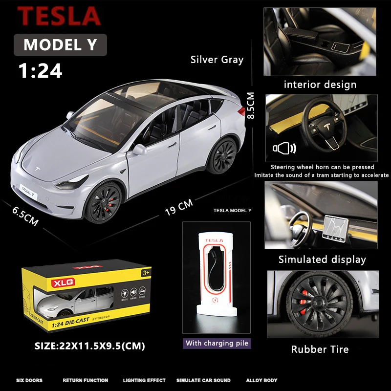 1:24 Simulation Tesla Y Alloy Car Model Sound And Light Pull Back Toy Car New Energy Electric Car Boy Collection Decoration Gift