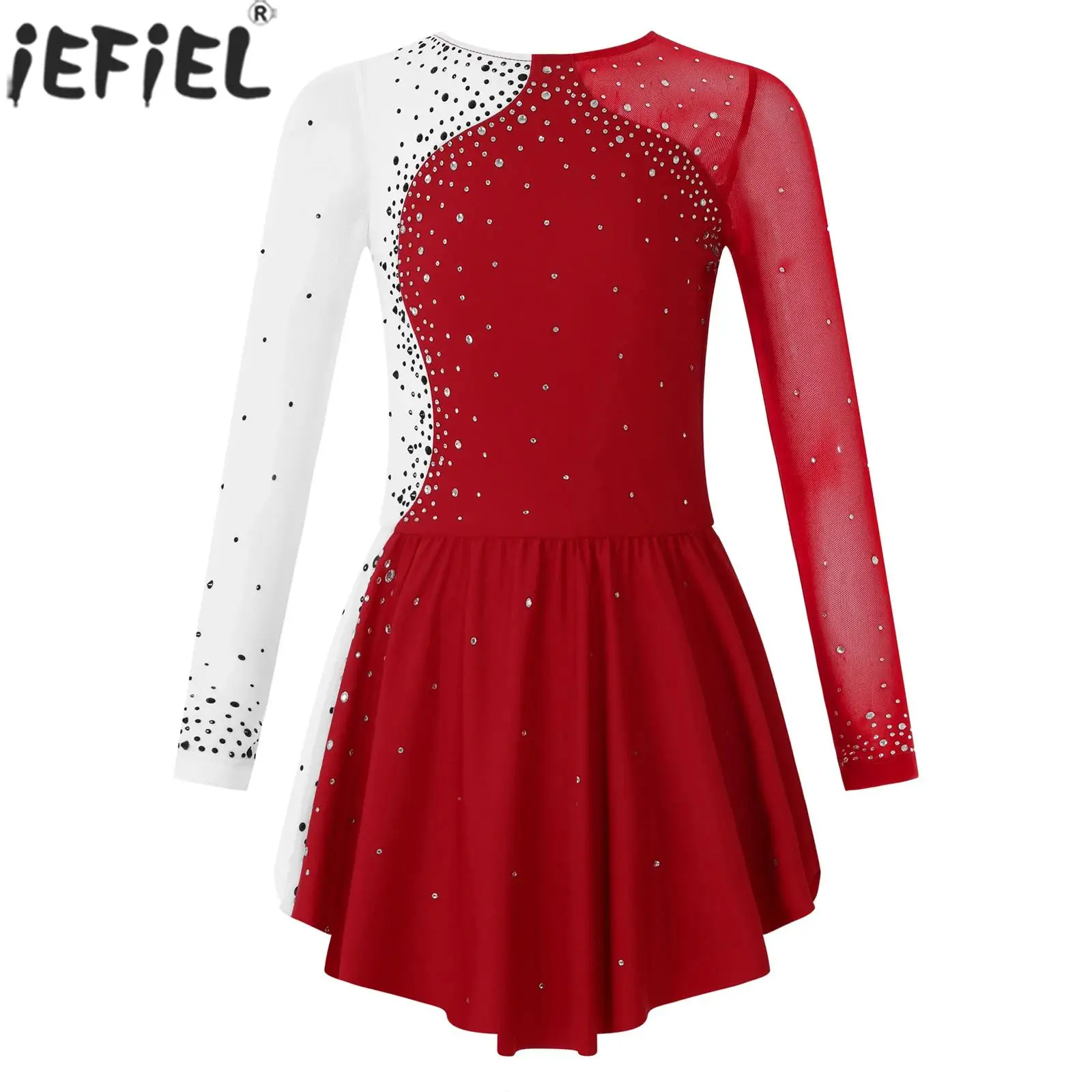 Child Girls Figure Skating Clothes Ballet Dance Dress Dancewear Long Sleeve Shiny Rhinestone Sheer Mesh Gymnastics Leotard Dress