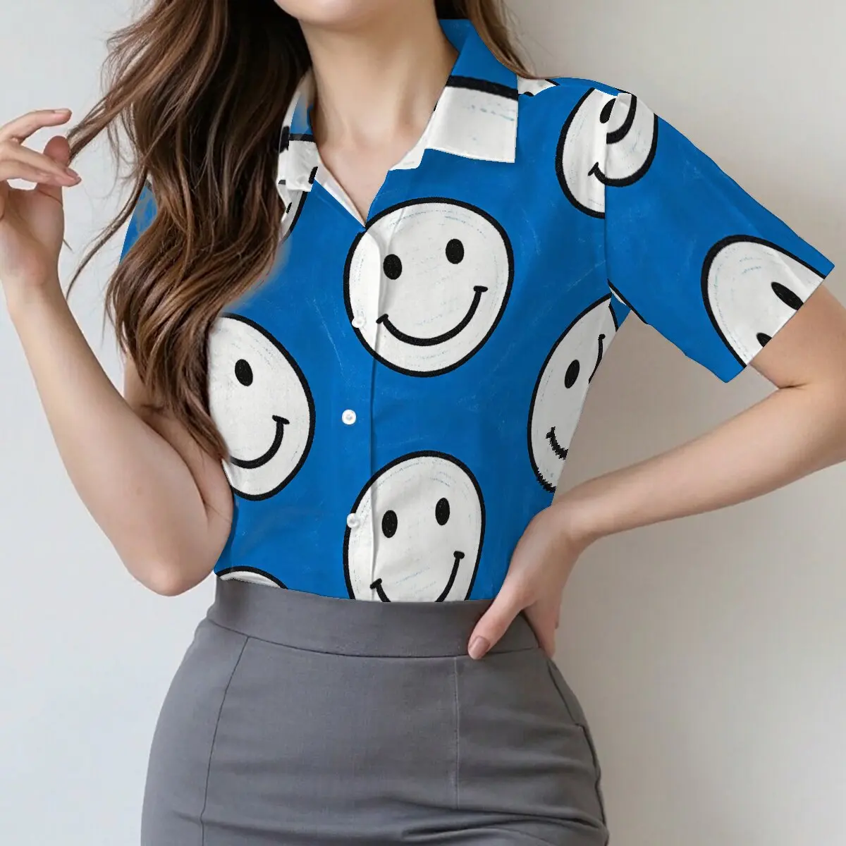 

Simple and personalized smiley face printed women's short sleeved lapel shirt, summer fashion, daily versatile casual top