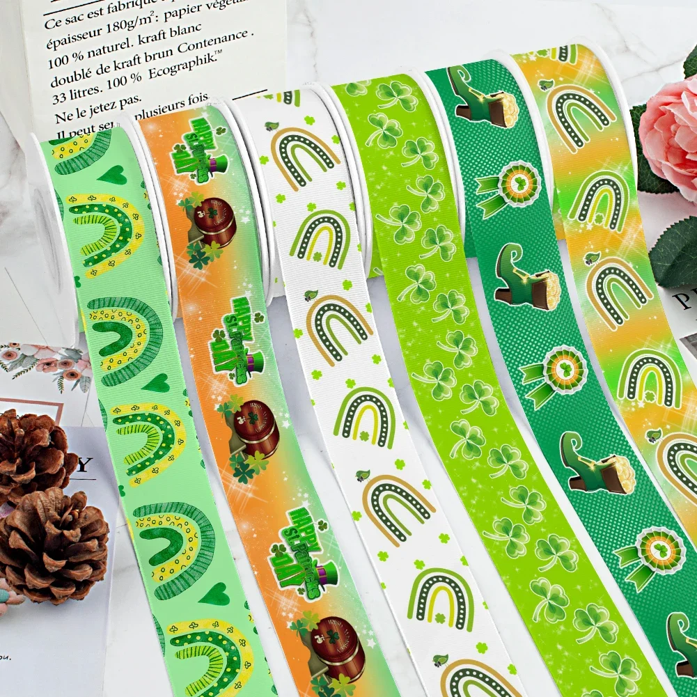 5yards Satin Ribbon St. Patrick's Day Green Designs Pattern Printed Grosgrain Ribbon for Cheer Bows DIY Girl Headwear Hair Bows