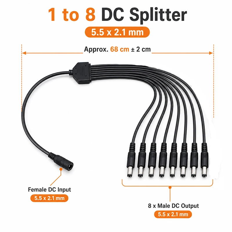 5.5x 2.1mm 1 female to 8 Way male DC Power 18awg Splitter Cable 5V 12V 24V Adapter Connector Cord for Strip Lights CCTV Camera