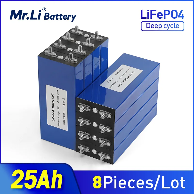 Mr.Li 8PCS 25000mAh LiFePO4 Battery Cell 3.2V 25Ah Lithium Iron Phosphate Deep Cycles For Diy 12V 24V 36V 48V Power Tools Solar