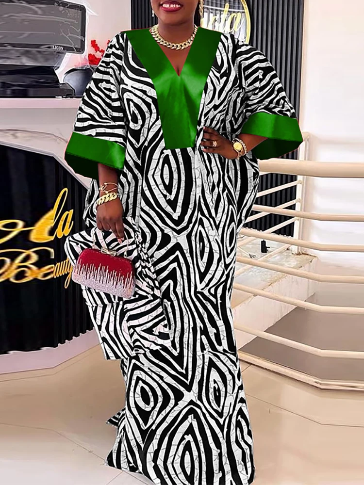 

Plus Size 5XL VONDA Vintage Maxi Dresses Women Flare Sleeve Satin Sundress V-Neck Printing Patchwork Long Vestidos Party Robe