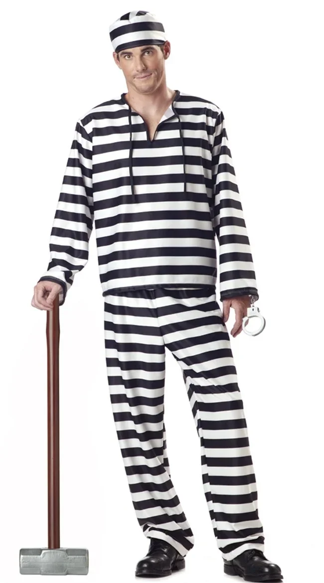 Halloween Dress for Women Lovers Men Clothes Prisoner Disguise Adult Carnival Masquerade Black White Stripe Jailbird Costumes