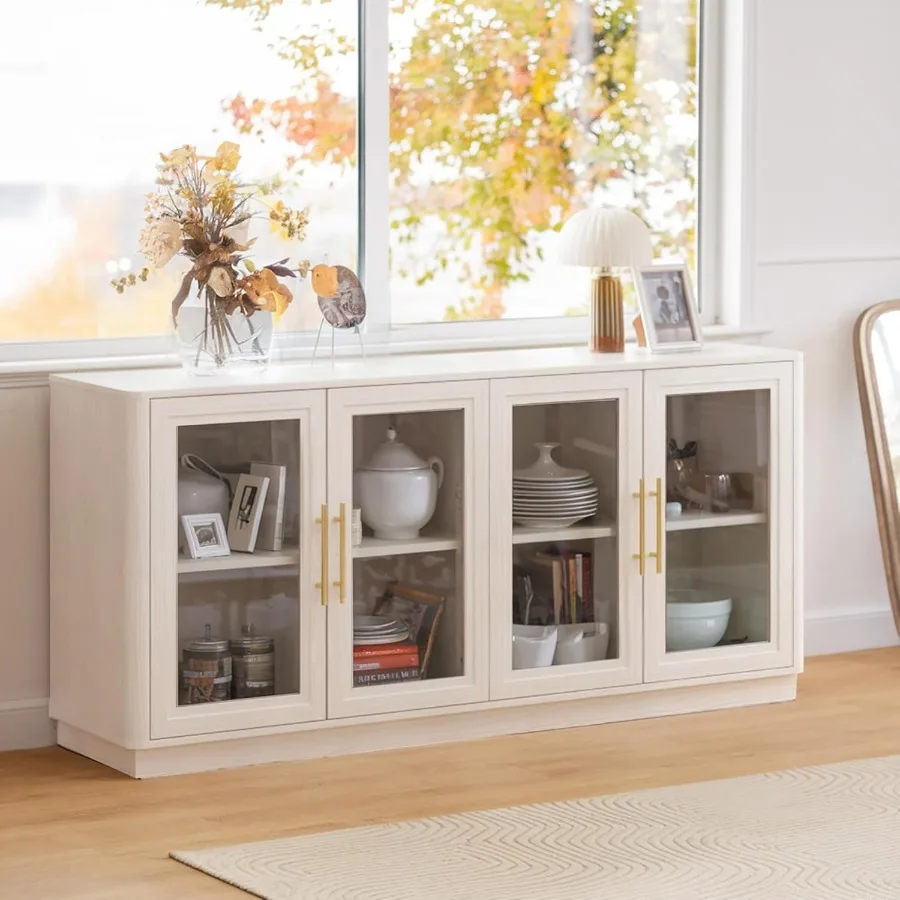 Buffet Cabinet with Storage63 Large Sideboard Kitchen Storage with 4 Glass Doors Modern Glass Display Cabinet Entryway Table fo