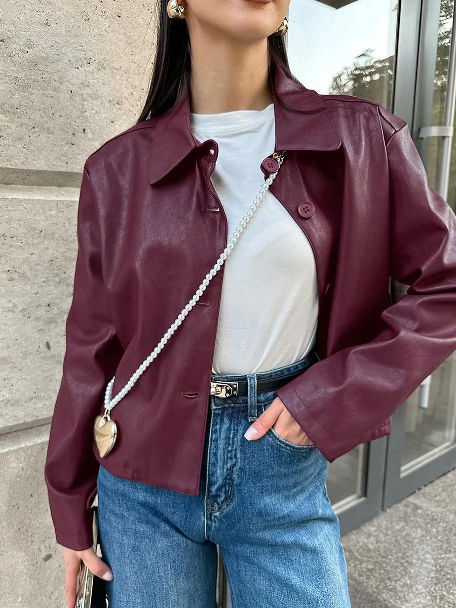 Classic Burgundy and fleece matte leather jacket new fall/winter sleeved loose casual commuter leather coat for women