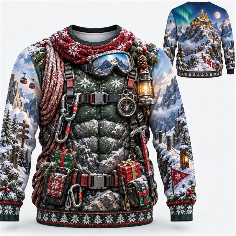 Men's Ugly Christmas Sweatshirt 3D Print Mountain Ski Explorer Muscle Pattern Pullover hoodie Funny Xmas sweater Christmas Gift