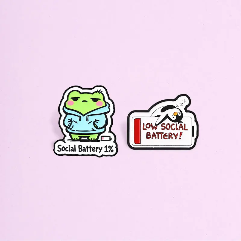 Low Social Battery Penguin Sleeping Enamel Badge Funny Meme Style Frog Hoodie 1 Percent Metal Brooch Lapel Accessory Gift