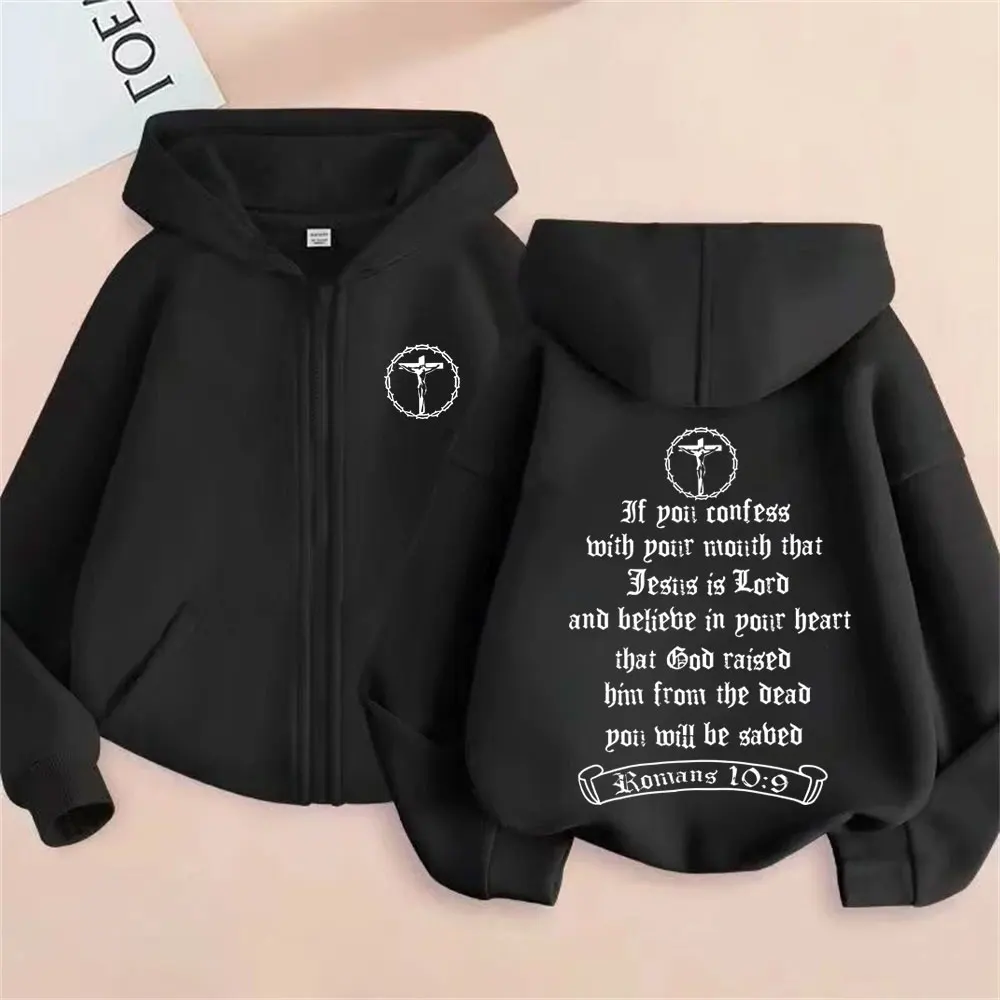Jaqueta com Zíper Cruz Cristã Jesus Se Você Confessa Versículo Bíblico Masculina Hip Hop Gótico Streetwear Unissex Oversized com Capuz e Zíper