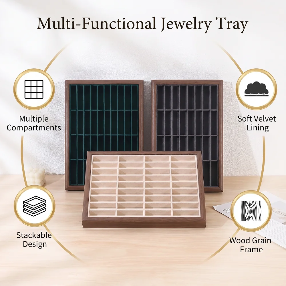 Walnut Wood Velvet Jewelry Tray 36 Grid Compartment Organizer Stackable Watch Bracelet Display Tray for Drawer Vanity Retail