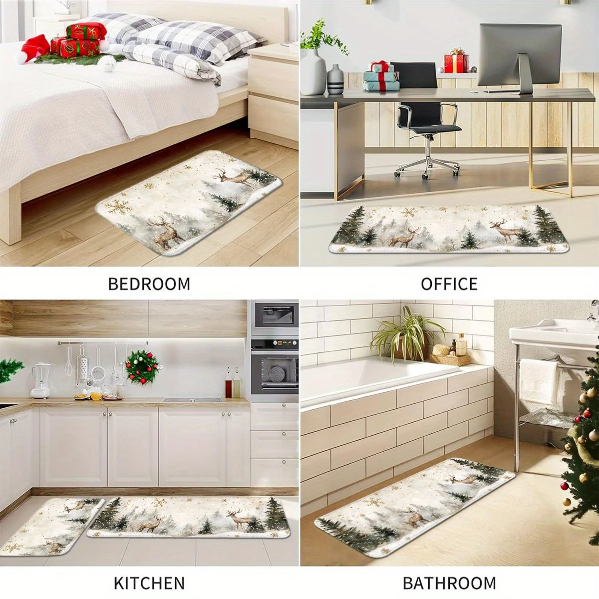 VIKAMA Set Christmas Kitchen Floor Mats Non Slip Washable Misty Forest Deer Snow Scene Runner Rug for Family Xmas Holiday Decor view 4