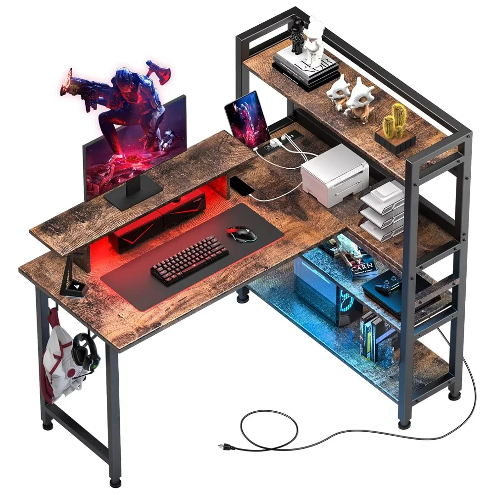 

Hot sales Home Office LED Lights L Shape Gaming Desk with Power Outlet Learning Study Writing Table with Shelf Corner Computer D