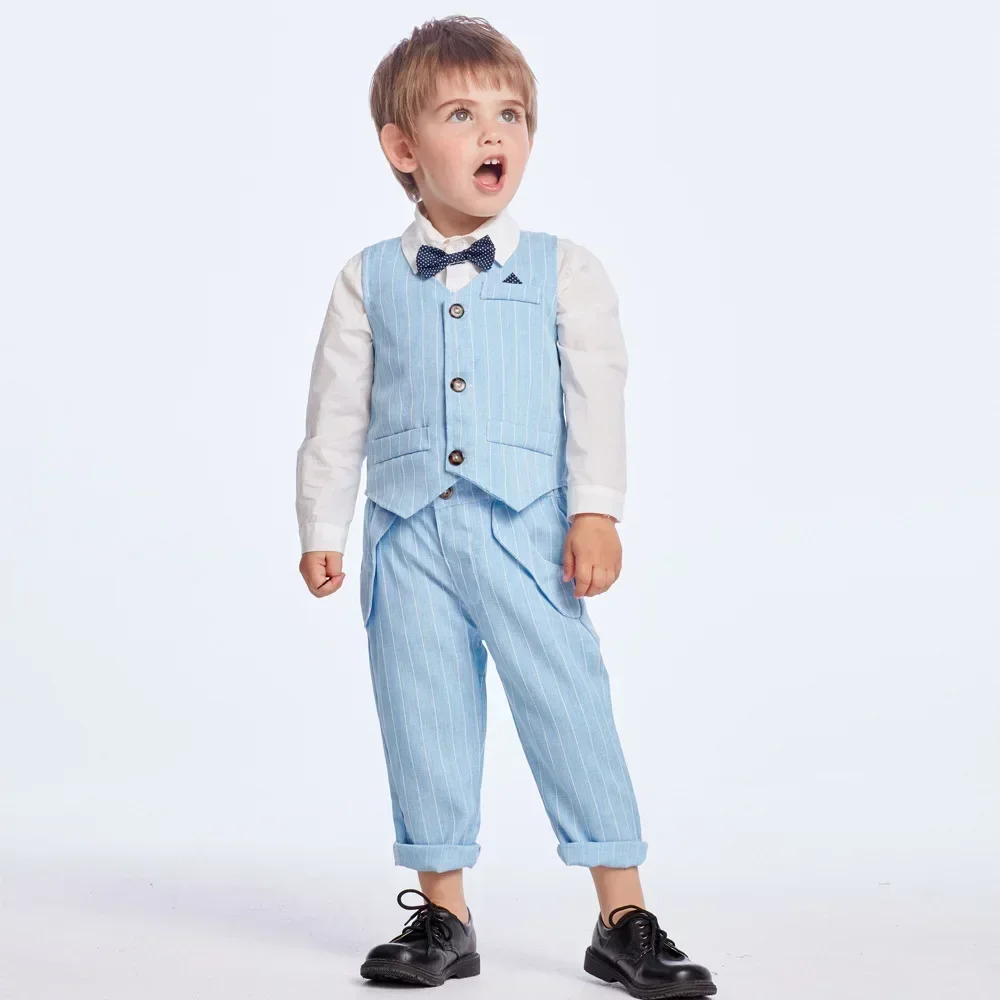 Autumn New Children\'s Light Blue Three Piece Suit Boys\' Shirt+Vest+Pants Suit Set with Necktie Boy\'s Gentleman Baby Boy Clothes