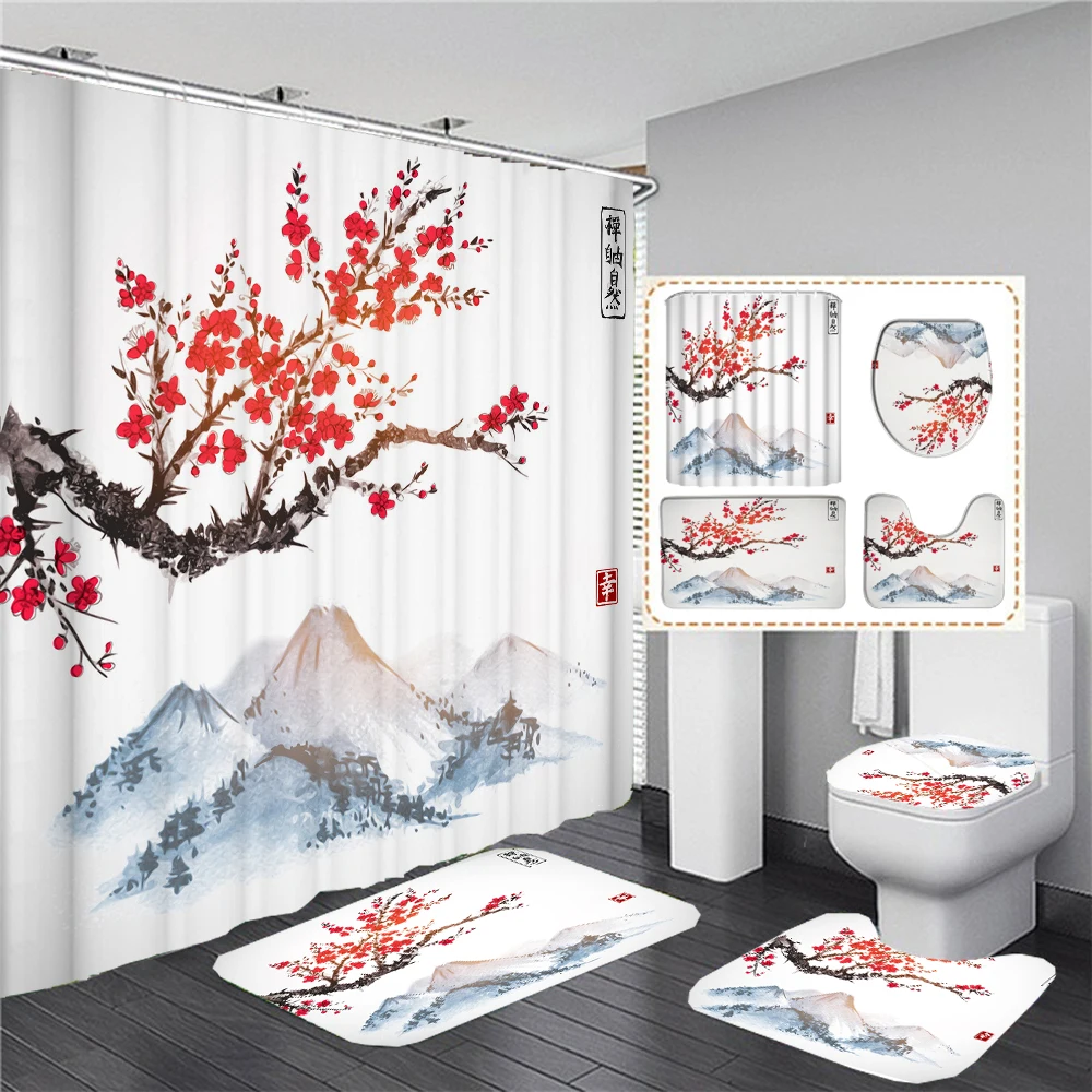 Japanese Cherry Blossom Shower Curtain Set Non-Slip Rug Toilet Lid Cover Bath Mat Spring Sakura Flower Pastoral Bathroom Curtain