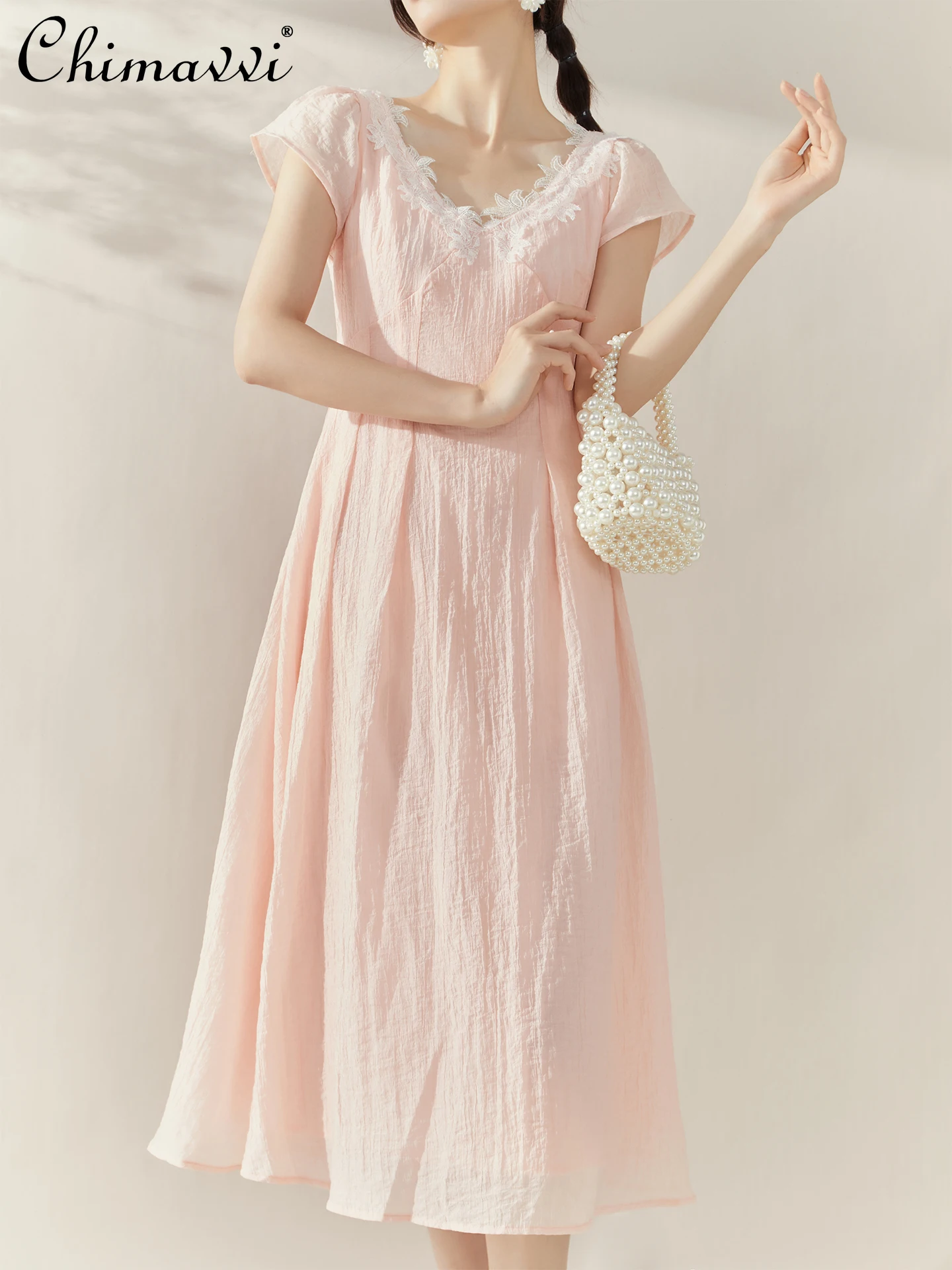 

Французские элегантные модные повседневные розовые летние платья, кружевное длинное платье трапециевидной формы с v-образным вырезом без рукавов и высокой талией для женщин