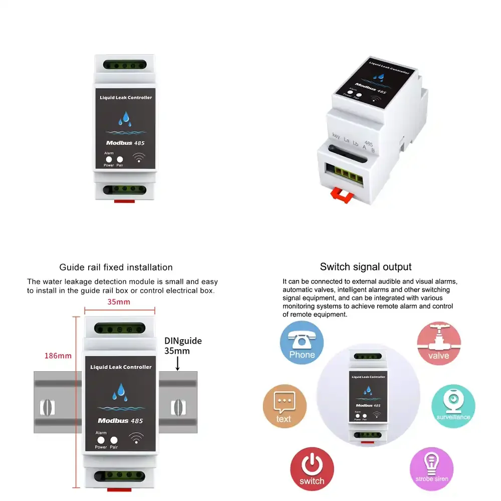 

RS485 Dry Contact DIN Rail Mounted WiFi Water Leak Controller with Customizable Water Leak Detection Cable