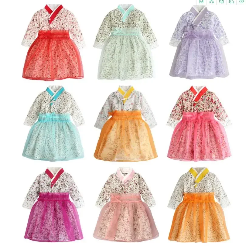 

2PCS New Baby Girls Traditional Korean Hanbok Fashion Style Dress Cotton Long Sleeve Print 1-8 Years Old Child Asian Dress Y2742