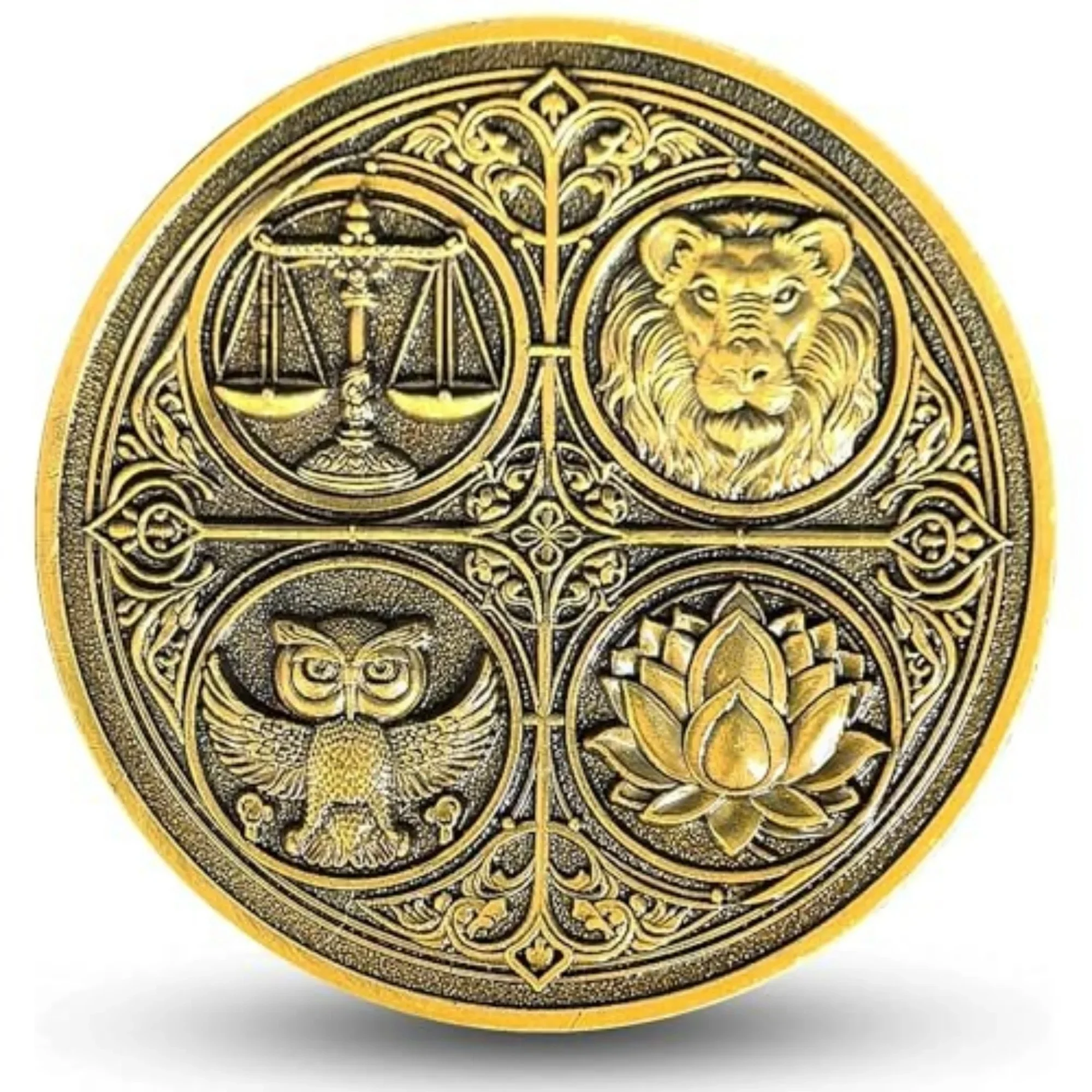 The Cardinal Virtues Stoic Coin with Symbols of Justice, Courage, Wisdom, and Temperance