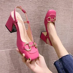 Women's High Heels 7CM Sandals 2024 Summer French Style Back Empty Female Thick Heel Square Toe Mary Jane Shoes Black Rose red