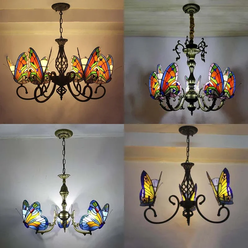 KERWIN Tiffany Butterfly Chandelier LED Vintage Creative Color Glass Pendant Lamp Decor for Home Living Room Bedroom Hotel