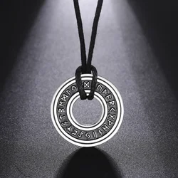 Skyrim Nordic Runes Round Pendant Necklace Men Stainless Steel Long Rope Vintage Amulet Protective Elder Futhark Jewelry Gift