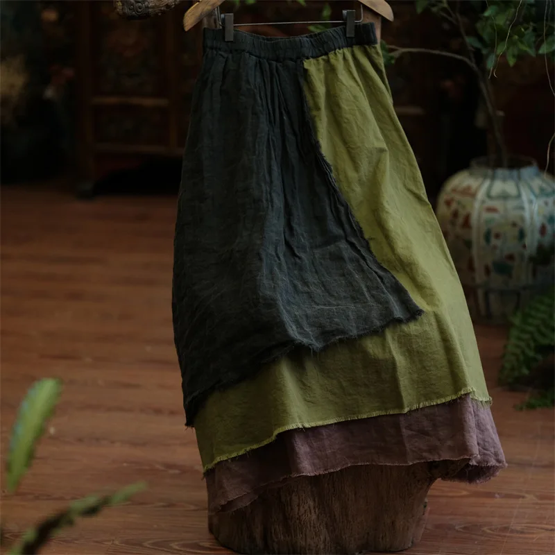 Johnature Women Vintage Patchwork Linen A-Line Skirts Elastic Waist Green 2024 Autumn Chinese Style Women High Quality Skirts