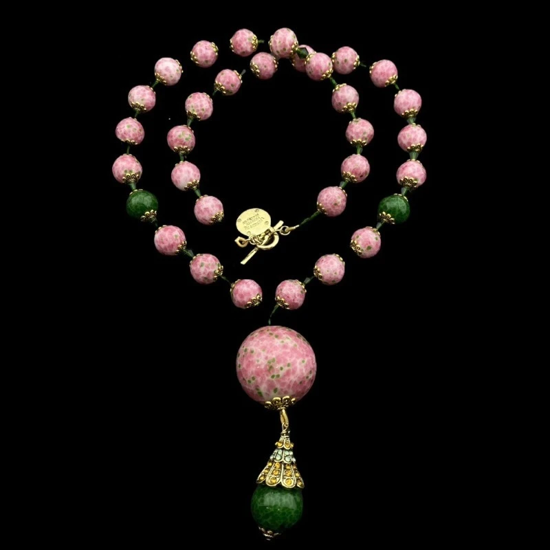

Vintage Pink and Green Beaded Necklace Elegant Statement Jewelry with Large Pendant Retro Boho Style Accessories for Women