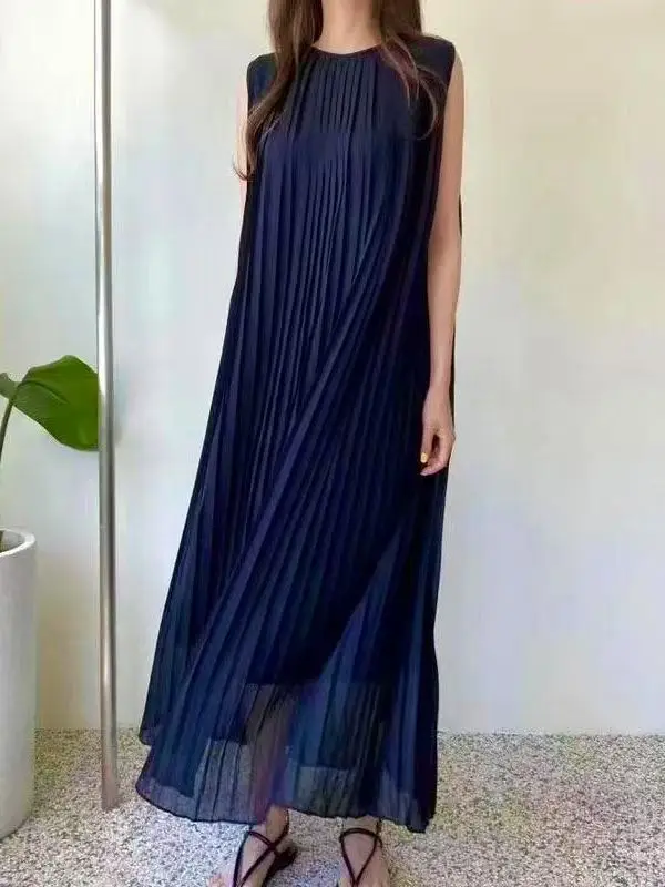 Korean Style Summer New round Neck Black Fashion Pleated Sleeveless Chiffon Vest Dress Elegant Long Dress with Belt