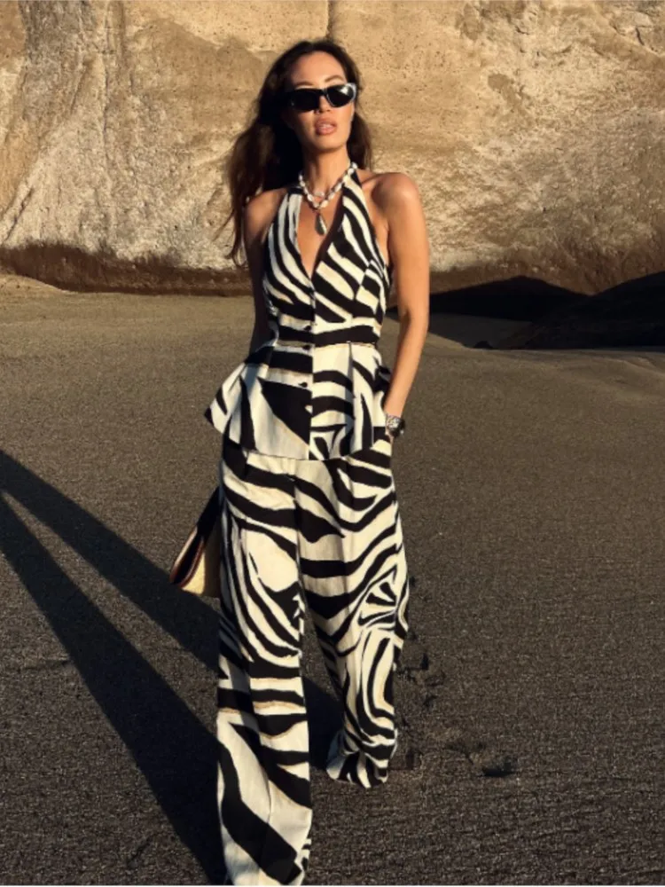

Women 2 Piece Sets Summer Elegant Halter Neck Single-Breasted Sleeveless Vest Tops+High Waist Zipper Pockets Wide Leg Pant Set