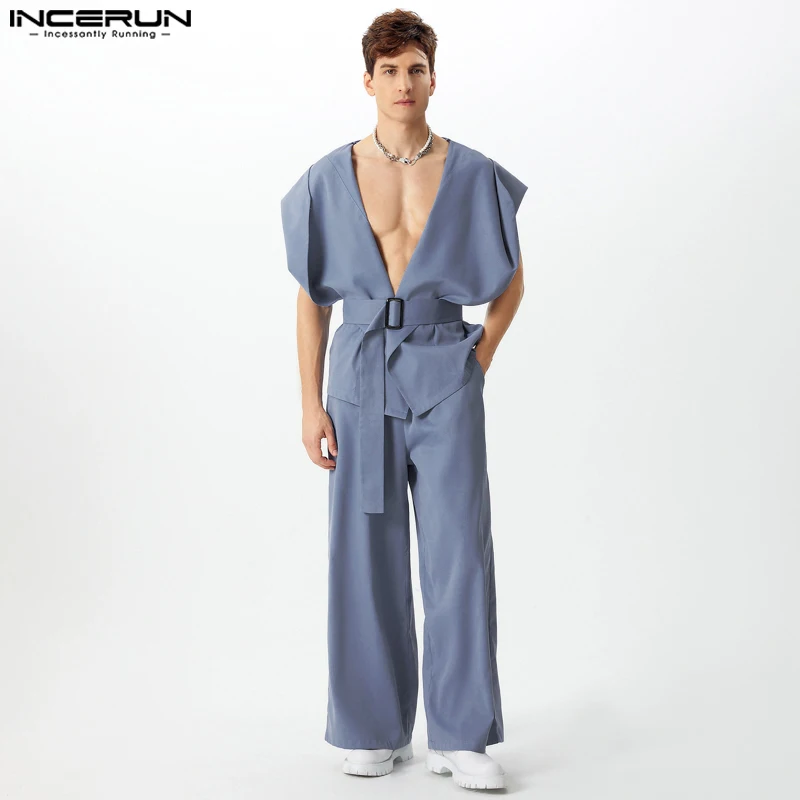 INCERUN 2024 American Style Sets Fashion Sexy Men's Hooded Silhouette Belt Vest Wide Leg Pants Casual Male Two-piece Sets S-5XL