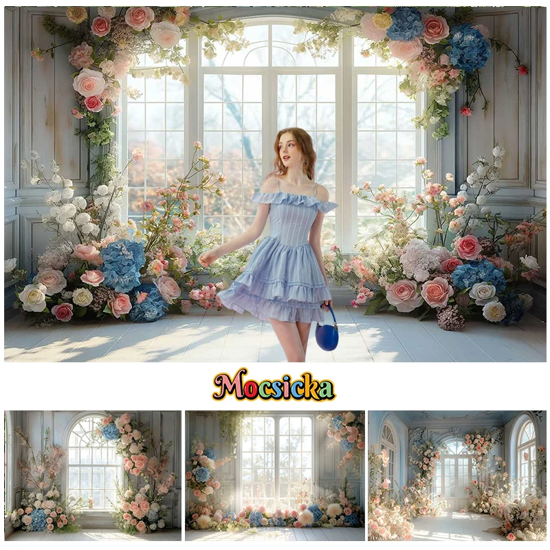 

Mocsicka Photography Background Blue Pink Flowers Window Adult Birthday Wedding Maternity Portrait Decor Backdrop Photo Studio