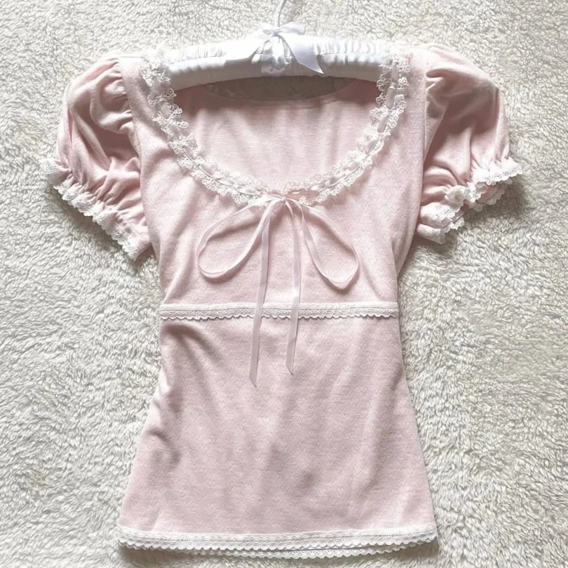 달콤한 프랑스어 우아한 티셔츠 미국 패션 Y2K 자르기 탑 반팔 티셔츠 여성 레트로 밀레니얼 핫 걸스 스트리트 의류