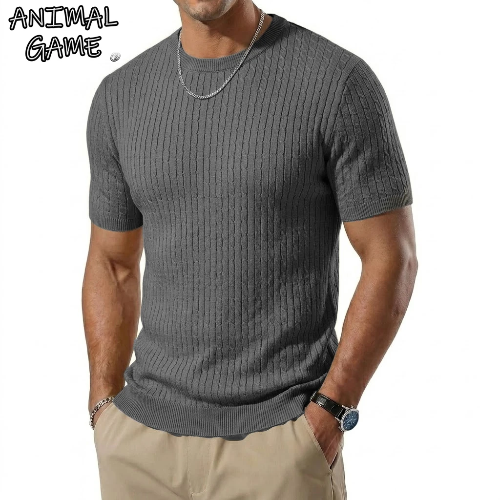 

New Short Sleeve T-shirts Summer Soft Textured Knitwear Casual Knit Pullover Shirts Men Crew Neck T-Shirts Men Ribbed Sweaters