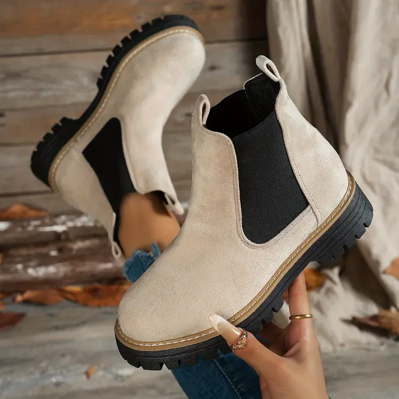 2025 Women Ankle Boots Fashion Slip on Comfortable Round Toe Shoes Women Retro Low Heels Platform Short Boots Botas De Mujer