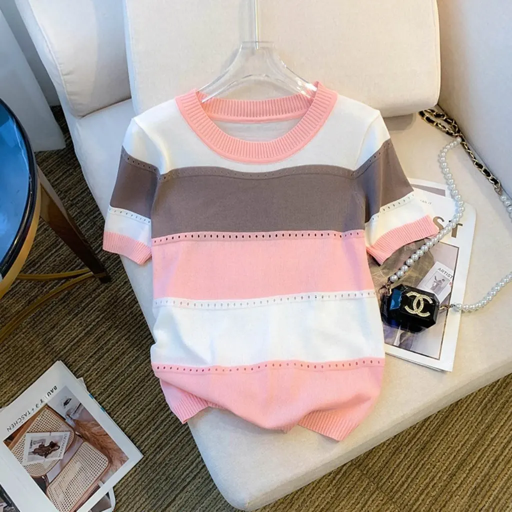 

Women's Ice Silk Knitted T-shirt round Neck Short Sleeve Striped Contrast Color Design Summer Autumn New Stock Real Shot