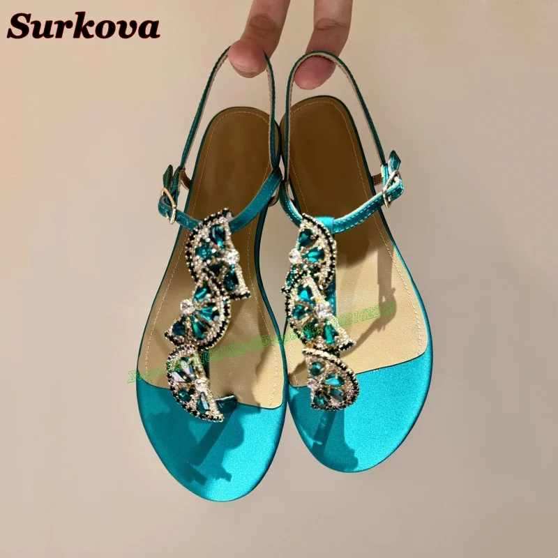 2024 New Rhinestone Clip-Toe Flat Shoes For Women Round Head Comfortable Leather Sandals Summer Outdoor Casual Dress Beach Shoes