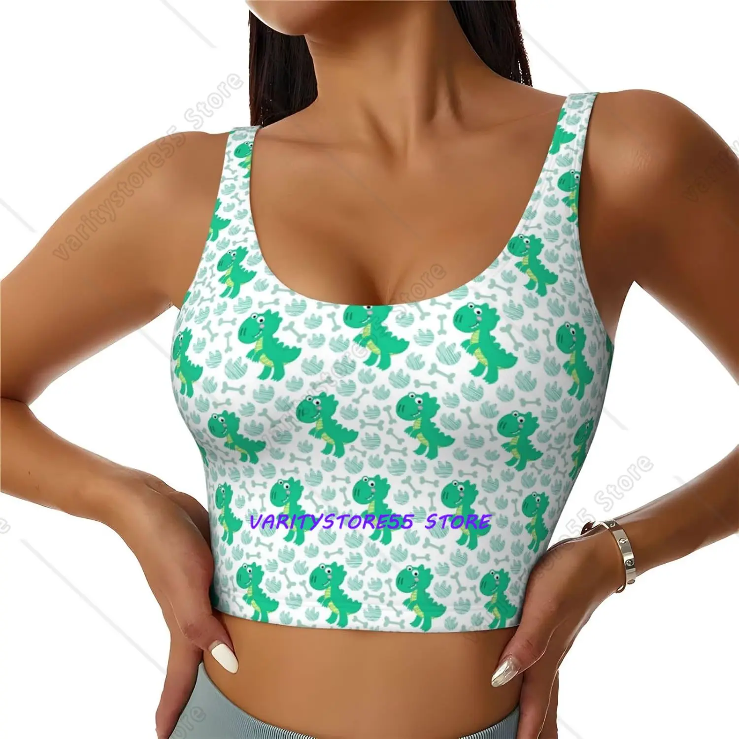 Cute T-Rex Dinosaur Bone Women's Sports Bra Yoga Crop Gym Tank Top U Back Exercise Workout Top Removable Pads Running Outfits