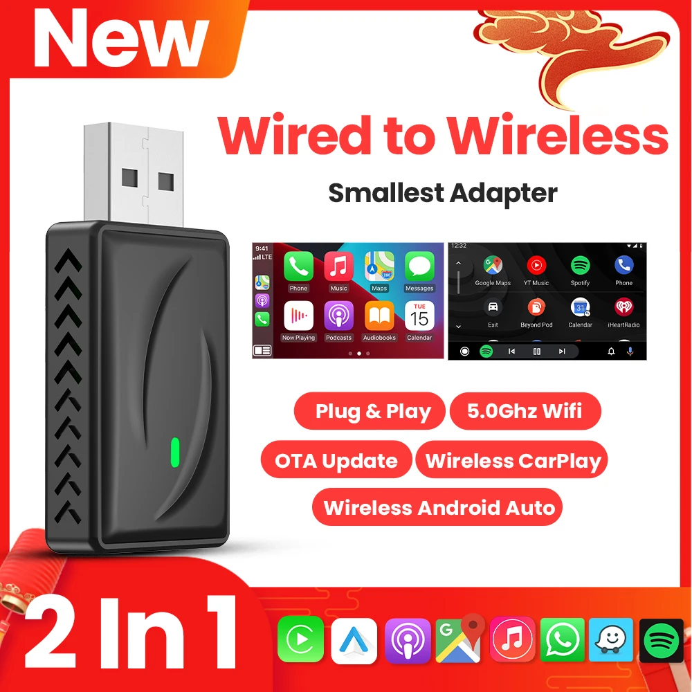 New 2 In1 CarPlay And Android Auto Mini Dongle Wireless CarPlay Adapter Wired to Wireless CarPlay Dongle Plug And Play Bluetooth