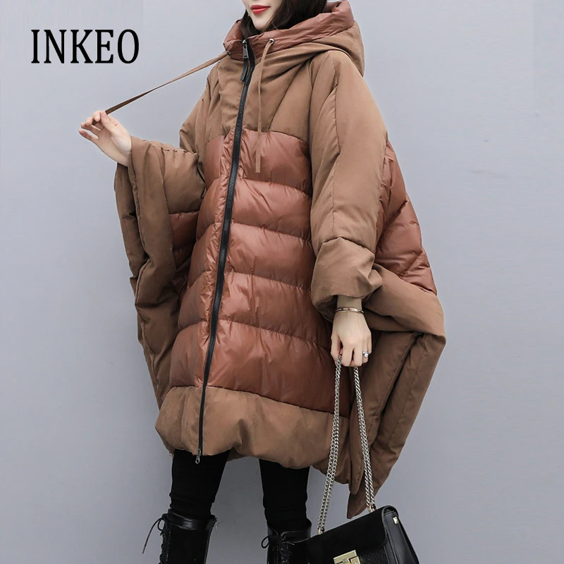 New Winter Women\'s Hooded Down Jackets Thick Loose Brown Batwing sleeve Coat Long Oversized Female Warm Large size INKEO 1O252