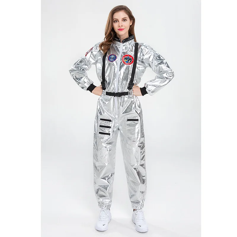 Traje de astronauta para adultos e crianças, traje espacial, traje espacial, festa de carnaval, vestidos, prata, adultos