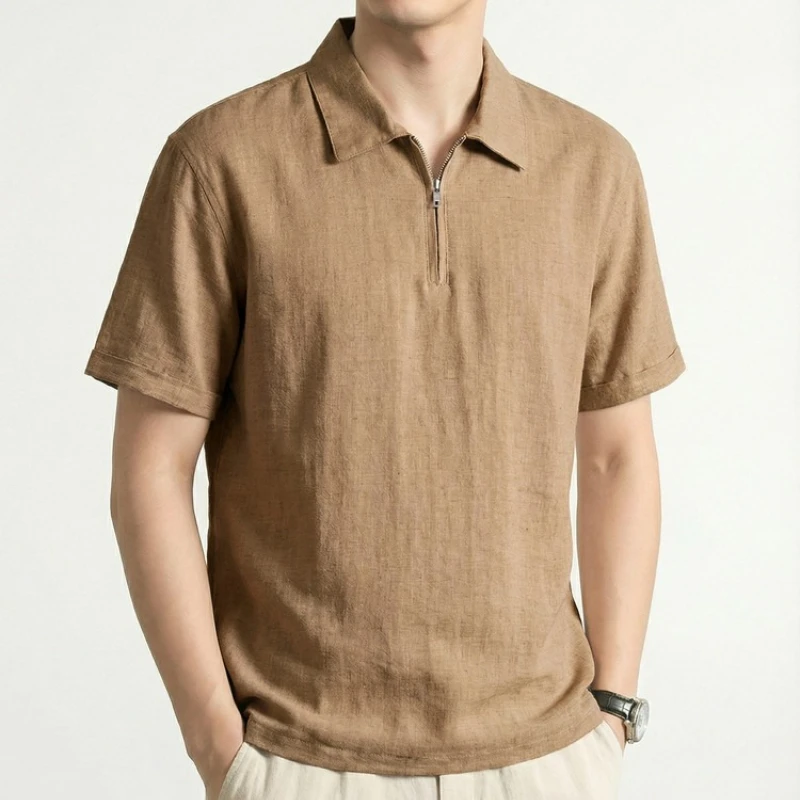 

Мужская рубашка-поло с коротким рукавом из смесового льна, дышащая ткань с воротником на молнии до середины груди, повседневный летний топ для ежедневной носки, 3 цвета
